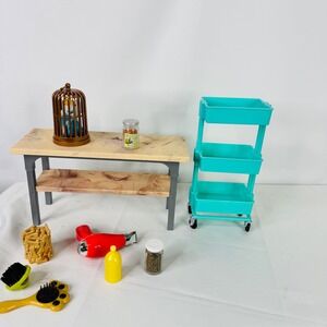Our Generation Scrub Style Pet Grooming Set for 18in Dolls Table Cart Birdcage
